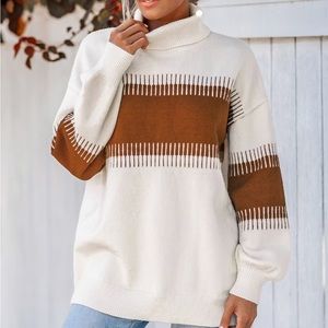 White Cupshe turtleneck sweater with brown stripe design